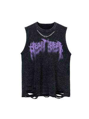 Add raw energy to your streetwear lineup with the Vintage Metallic Phantom Letter Distressed Washed Vest. Crafted from a soft and breathable cotton blend, this sleeveless vest features bold metallic-inspired graphic prints and distressed washed details fo