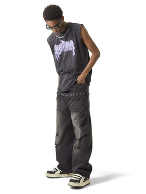 Add raw energy to your streetwear lineup with the Vintage Metallic Phantom Letter Distressed Washed Vest. Crafted from a soft and breathable cotton blend, this sleeveless vest features bold metallic-inspired graphic prints and distressed washed details fo