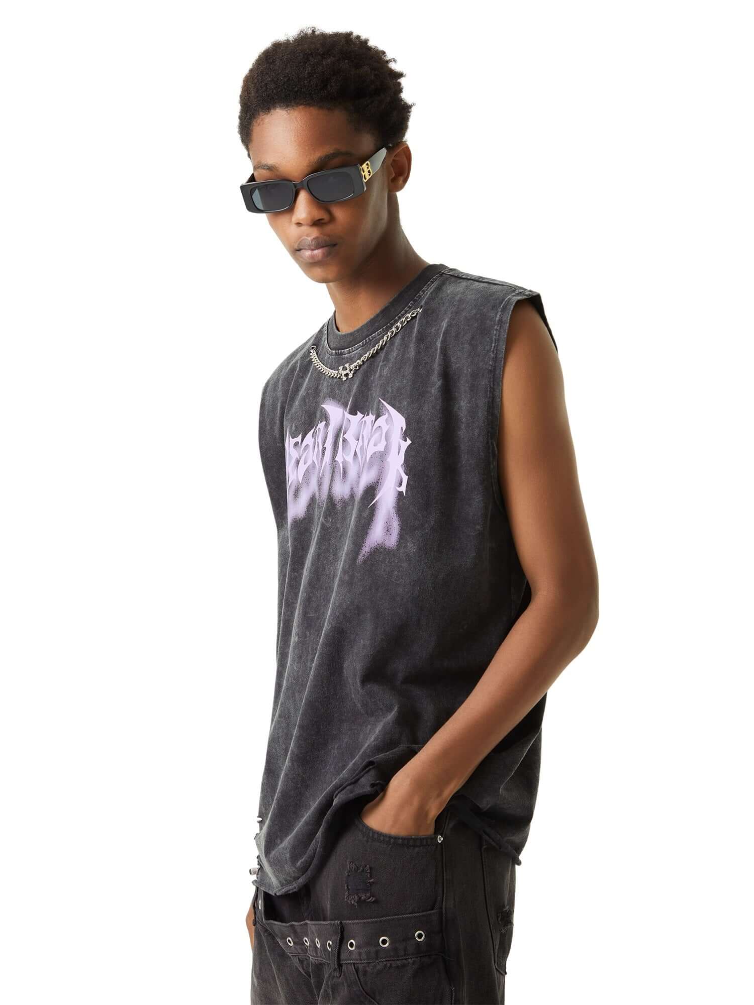 Add raw energy to your streetwear lineup with the Vintage Metallic Phantom Letter Distressed Washed Vest. Crafted from a soft and breathable cotton blend, this sleeveless vest features bold metallic-inspired graphic prints and distressed washed details fo