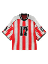 Bring retro energy to your wardrobe with the Vintage Striped Baseball Short Sleeved Knit Sweater. Featuring bold red and white stripes, a classic number 17 print, and contrasting ribbed details, this sporty top channels timeless athletic style. Made from