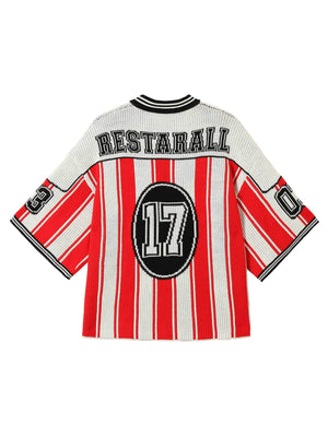 Bring retro energy to your wardrobe with the Vintage Striped Baseball Short Sleeved Knit Sweater. Featuring bold red and white stripes, a classic number 17 print, and contrasting ribbed details, this sporty top channels timeless athletic style. Made from