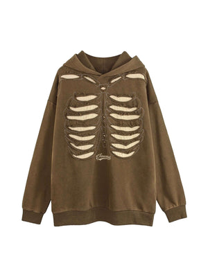 Make a bold statement with the Washed And Aged Hooded Sweatshirt — a cozy, oversized piece featuring a striking rib cage design. Crafted from a soft cotton blend, this hoodie blends comfort and attitude with its spooky, skeleton-inspired graphic. Perfect