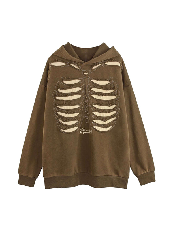 Make a bold statement with the Washed And Aged Hooded Sweatshirt — a cozy, oversized piece featuring a striking rib cage design. Crafted from a soft cotton blend, this hoodie blends comfort and attitude with its spooky, skeleton-inspired graphic. Perfect