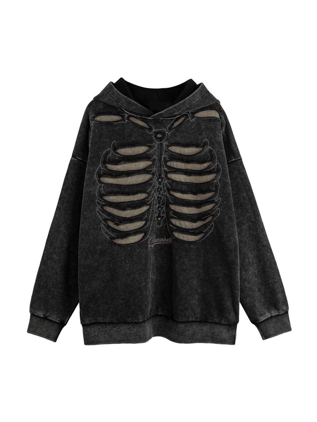 Make a bold statement with the Washed And Aged Hooded Sweatshirt — a cozy, oversized piece featuring a striking rib cage design. Crafted from a soft cotton blend, this hoodie blends comfort and attitude with its spooky, skeleton-inspired graphic. Perfect