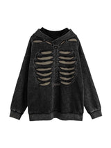 Make a bold statement with the Washed And Aged Hooded Sweatshirt — a cozy, oversized piece featuring a striking rib cage design. Crafted from a soft cotton blend, this hoodie blends comfort and attitude with its spooky, skeleton-inspired graphic. Perfect
