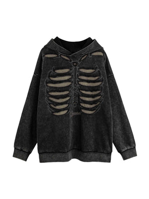 Make a bold statement with the Washed And Aged Hooded Sweatshirt — a cozy, oversized piece featuring a striking rib cage design. Crafted from a soft cotton blend, this hoodie blends comfort and attitude with its spooky, skeleton-inspired graphic. Perfect