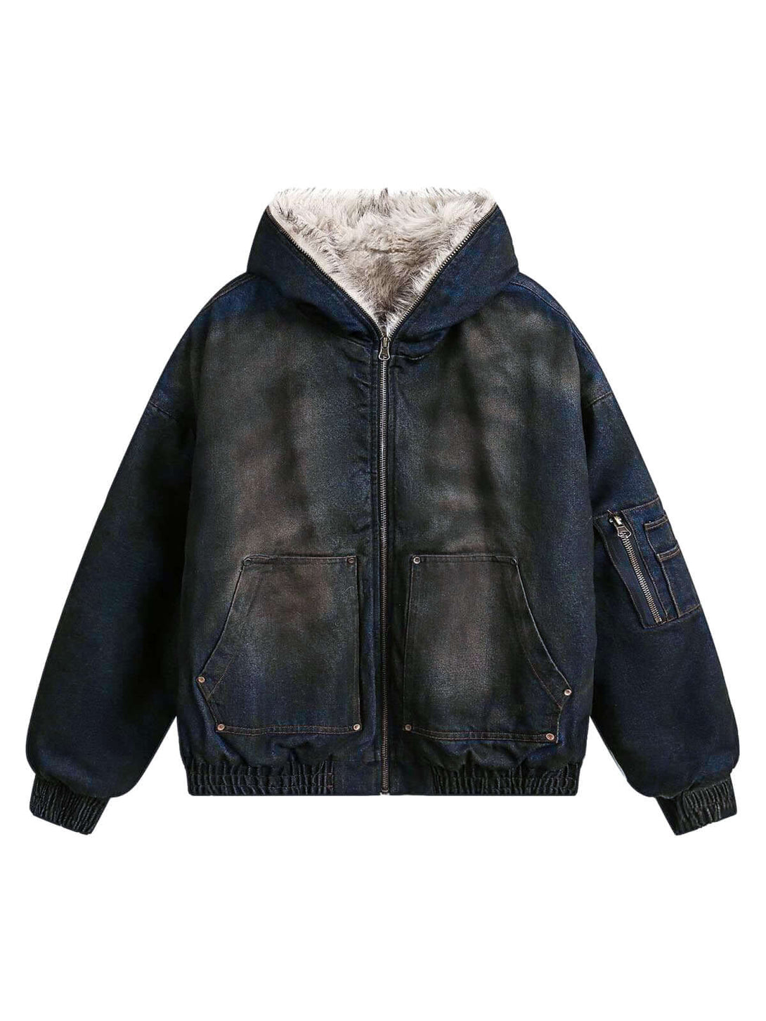 Stay warm and stylish with the Washed Denim Fur Hooded Jacket. Crafted from durable denim with ultra-soft faux fur lining, this jacket delivers both comfort and street-ready flair. Featuring a front zipper closure, ribbed cuffs and hem, and a zippered arm
