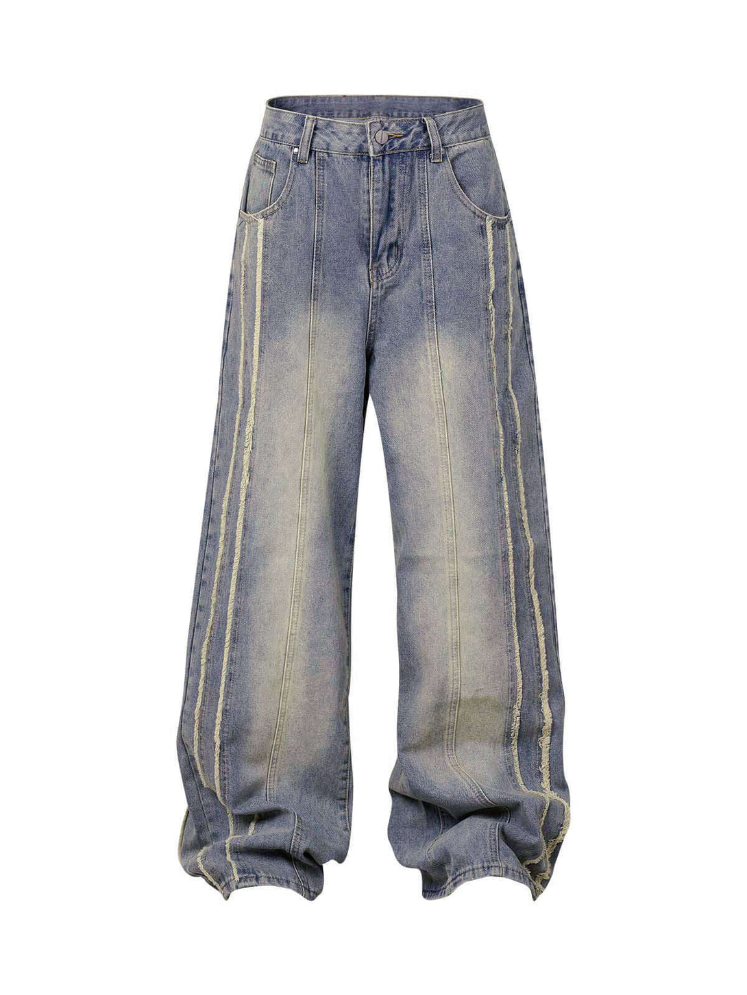 Upgrade your streetwear look with the Washed Distressed Raw Edge Baggy Jeans. Crafted from durable denim, these jeans feature a loose, relaxed fit with stylish side stripes and a raw edge finish for a bold, modern vibe. The elastic waistband ensures all-d