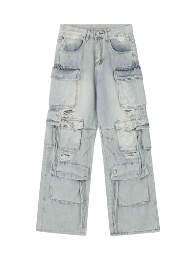 Washed Multi Pocket Work Cargo Jeans Urban Streetwear Style