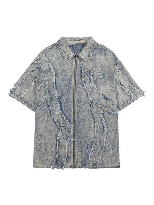 Washed Raw Edge Denim Shirt Streetwear