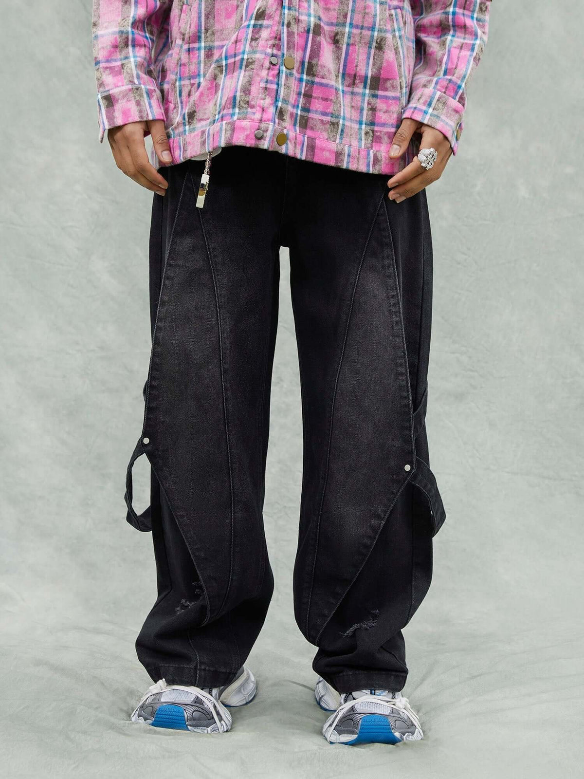Washed Black Bondage Jeans with Strap Tabs – on model, front close | XoKool