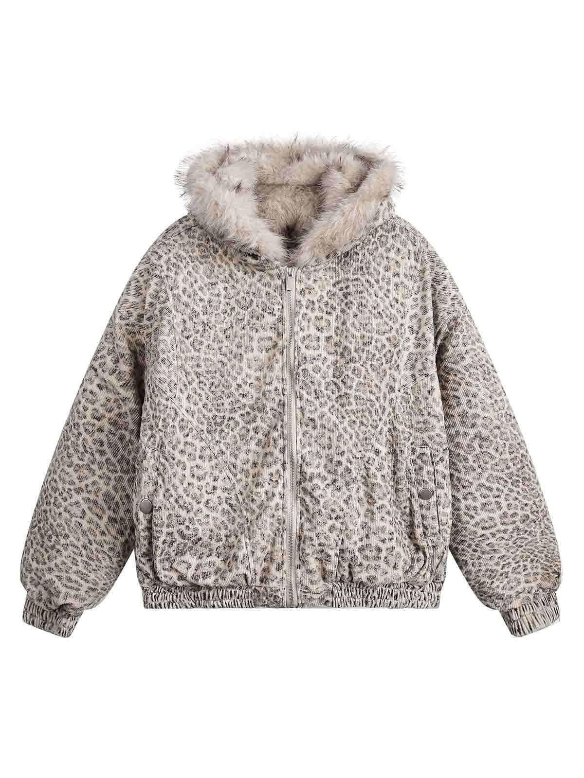 Cheetah Print Mink Fur Hooded Jacket Casual Winter Style - 10305