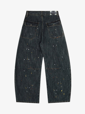 Dark Wash Barrel Jeans mit Farbspritzern – Rückseite flach | XoKool