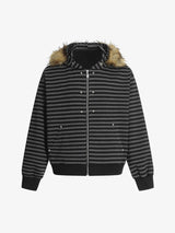 Detachable Fur Collar Striped Hooded Sweatshirt