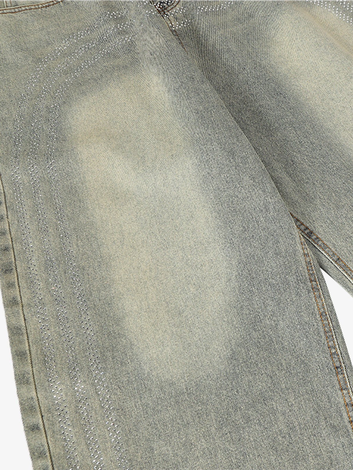 Light Wash Baggy Jeans with Rhinestone Stripes – thigh fade close-up | XoKool