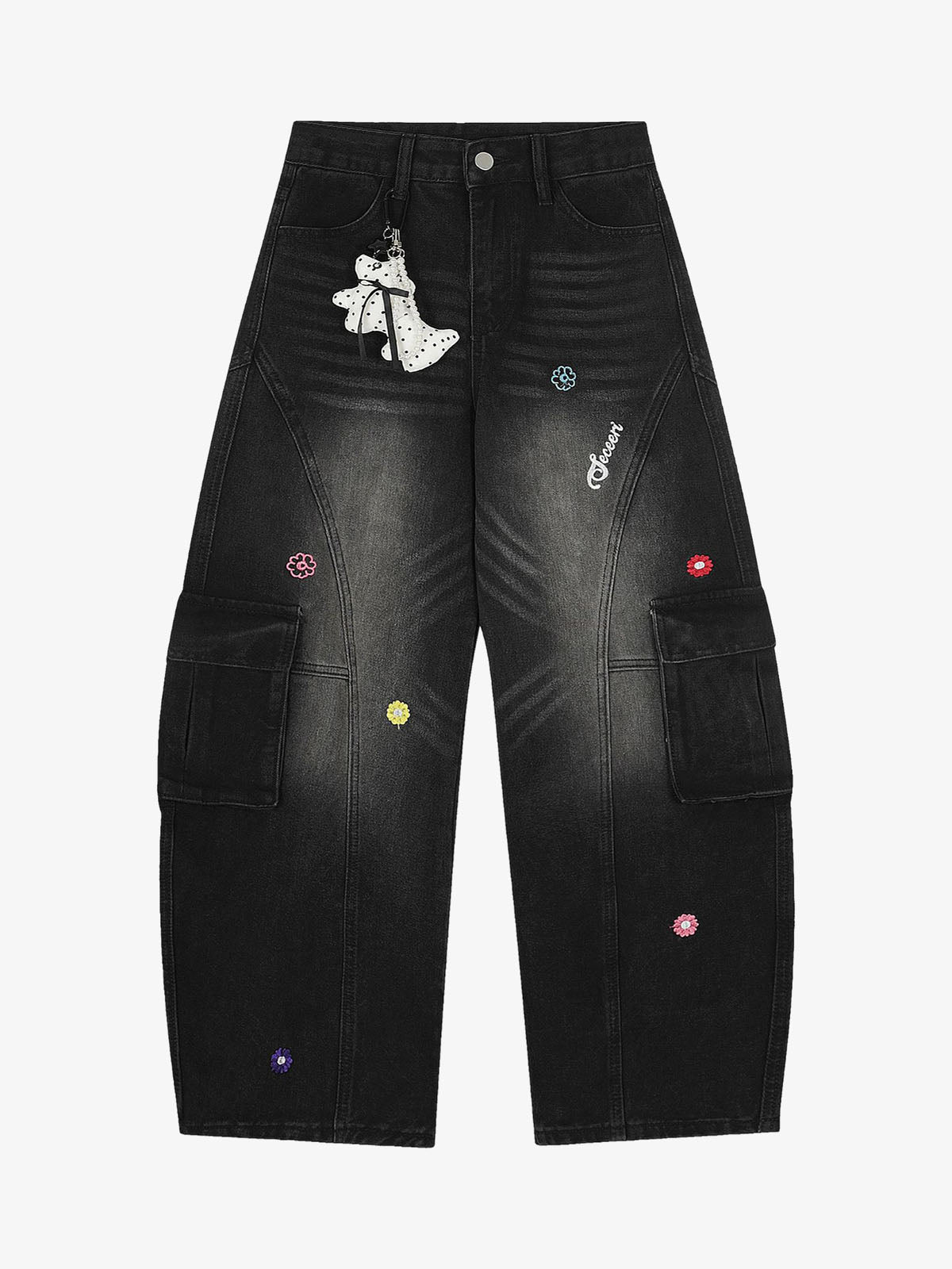 Blumen Barrel Jeans – Washed Schwarz, Vorderansicht | XoKool
