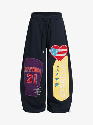 Hip-Hop Patch Embroidered Wide-Leg Sweatpants - thumbnail 1