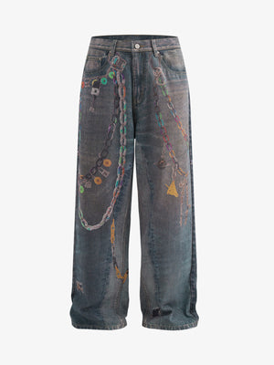 Vintage Wash Baggy Jeans with Chain Print – Vintage Blue, front view | XoKool