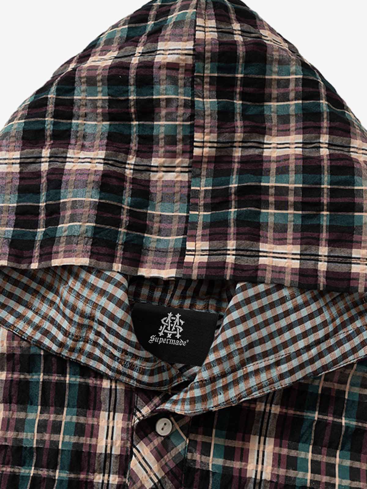 Retro Plaid Patchwork Hooded Work Shirt - image 7