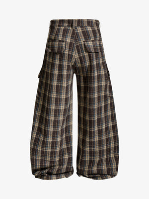 Vintage Plaid Pleated Multi-Pocket Cargo Casual Pants - thumbnail 2