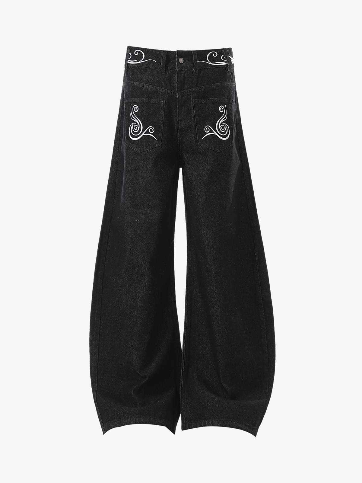 Retro Reverse Design Cloud Embroidered Barrel Jeans