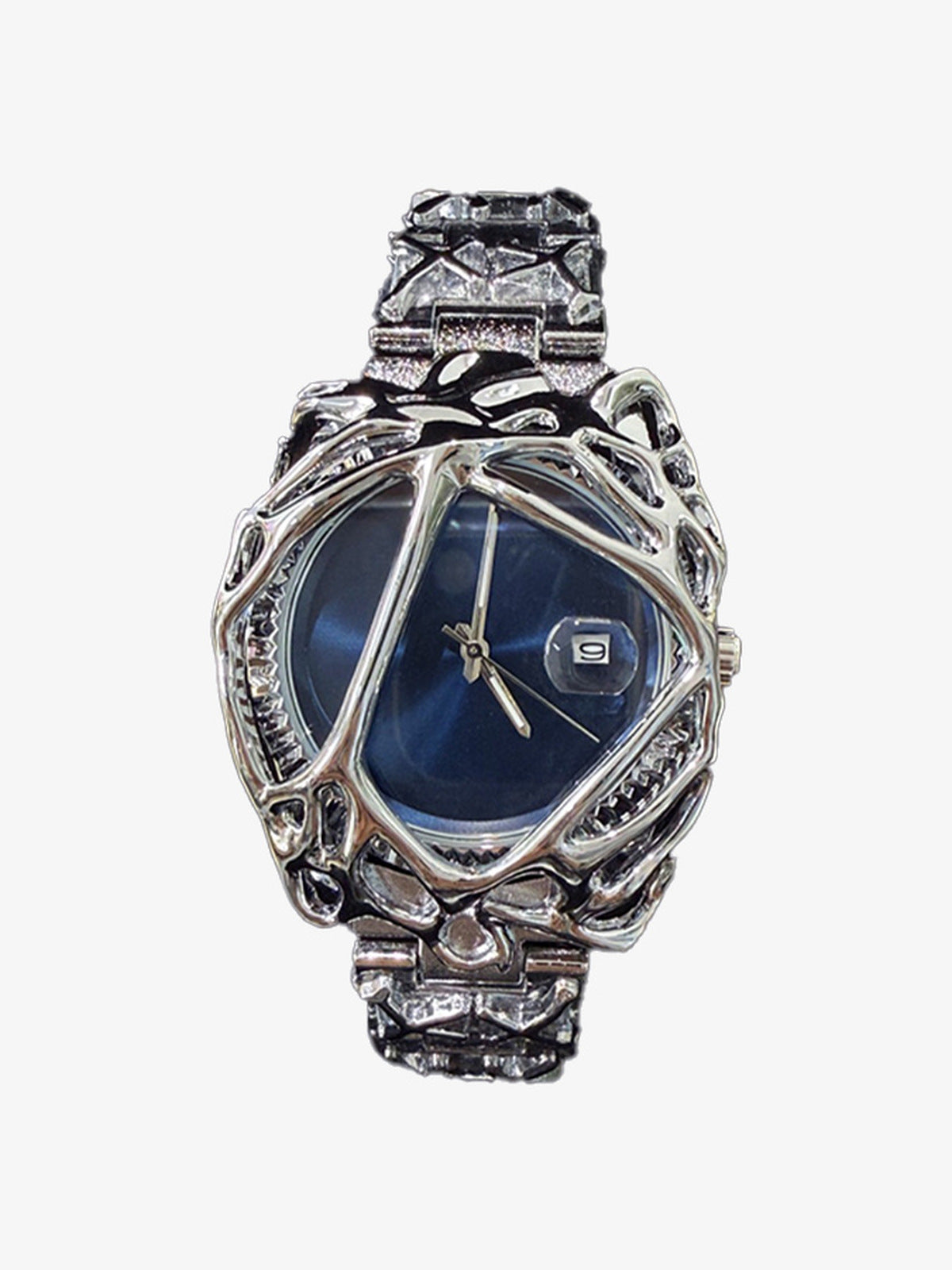Abstrakte Uhr mit Molten-Frame in Silber – Blaues Zifferblatt, Vorderansicht | XoKool