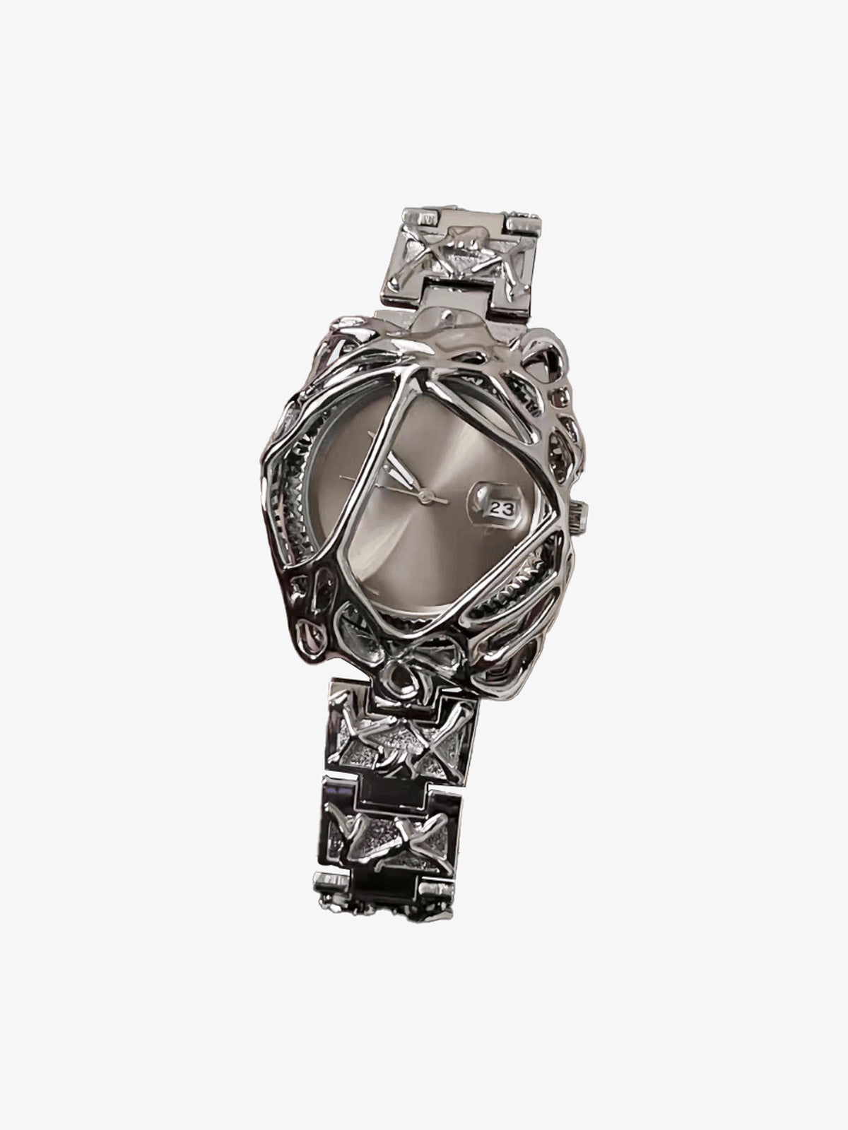 Abstrakte Uhr mit Molten-Frame in Silber – Champagnerfarbenes Zifferblatt, Vorderansicht | XoKool