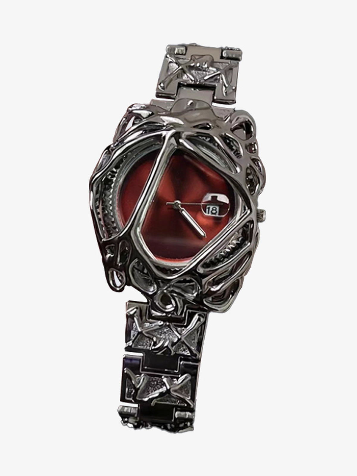 Abstrakte Uhr mit Molten-Frame in Silber – Rotes Zifferblatt, Vorderansicht | XoKool