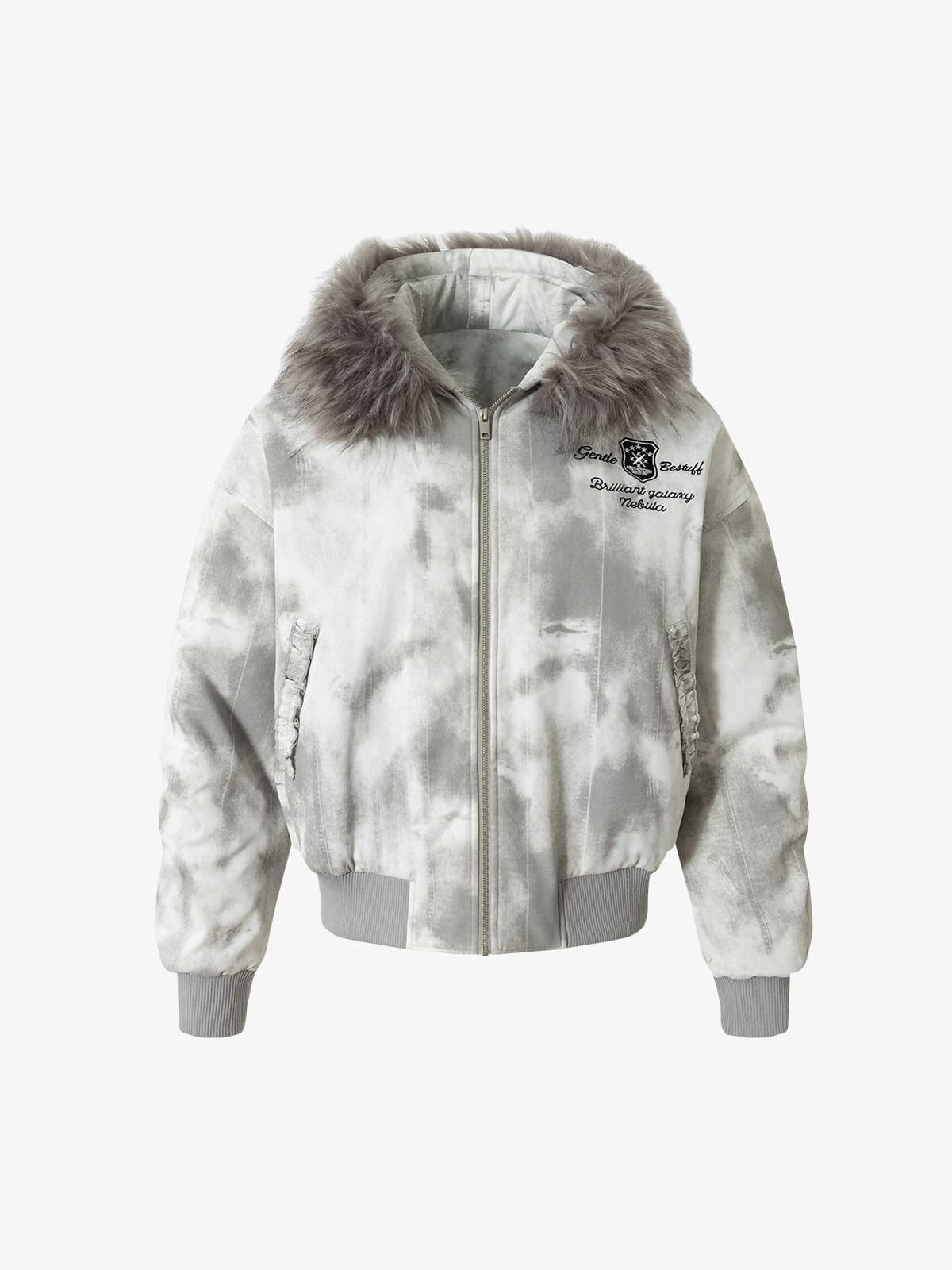 Vintage Tie-Dye Detachable Fur Collar Hooded Bomber Jacket