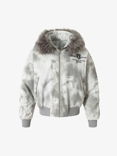 Grey Tie-Dye Hooded Bomber Jacket with Fur Trim