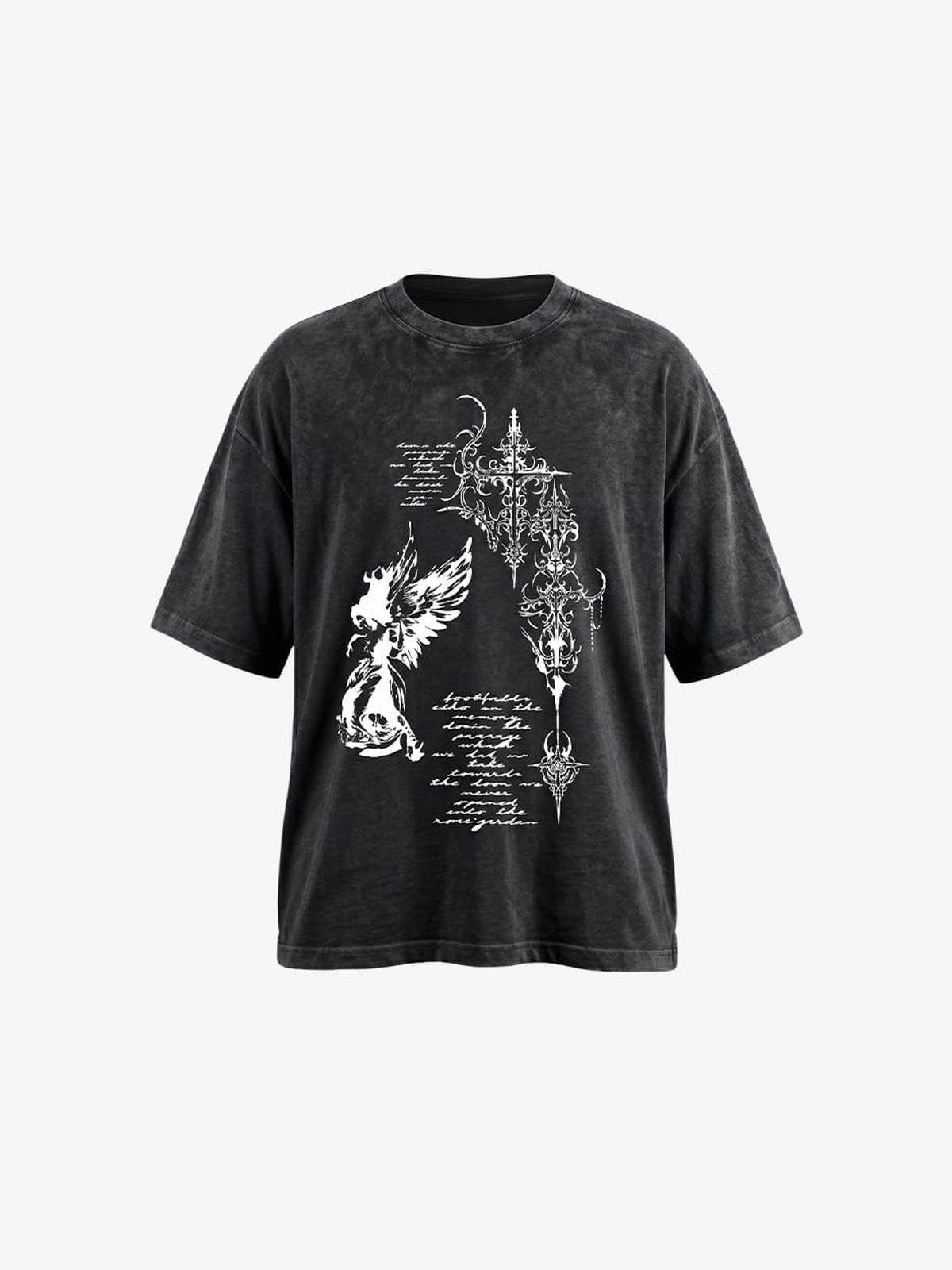 Acid Wash Angel Graphic Tee with Script – Acid wash black, front flat | XoKool