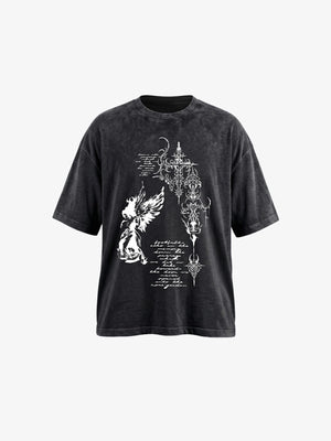 Acid Wash Angel Graphic Tee with Script – Acid wash black, front flat | XoKool