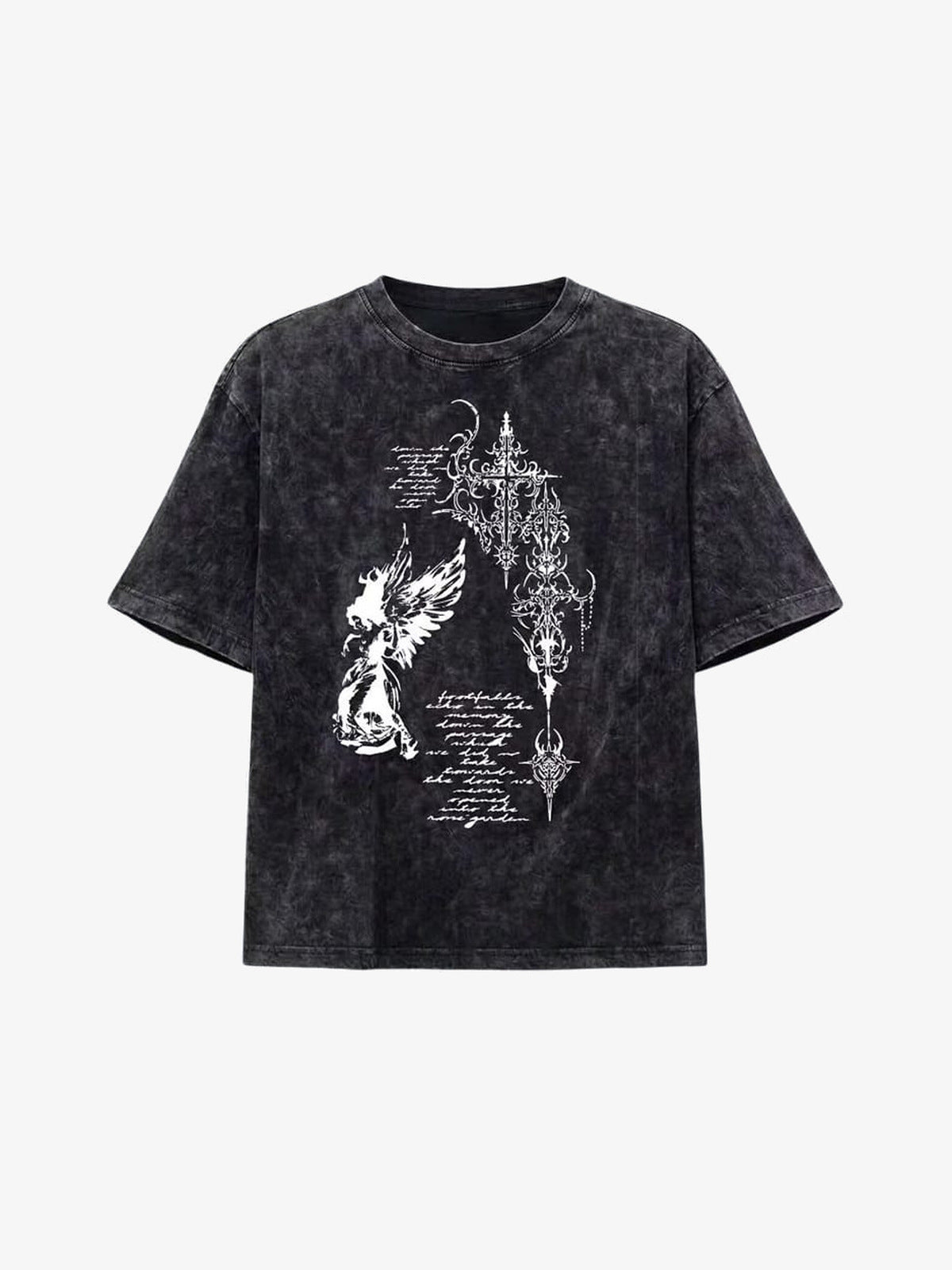 Acid Wash Angel Graphic Tee with Script – front flat (angled) | XoKool