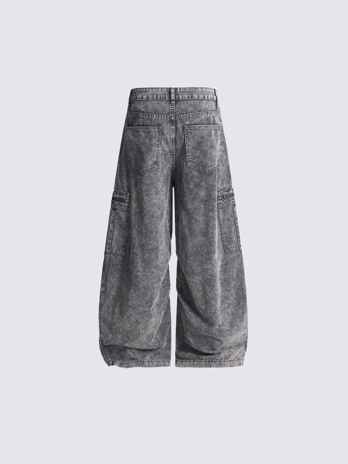 Acid Wash Barrel Leg Jeans mit Reißverschlusstasche – Grau, Rückansicht | XoKool