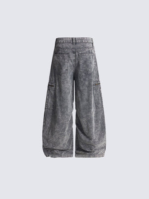 Acid Wash Barrel Leg Jeans mit Reißverschlusstasche – Grau, Rückansicht | XoKool