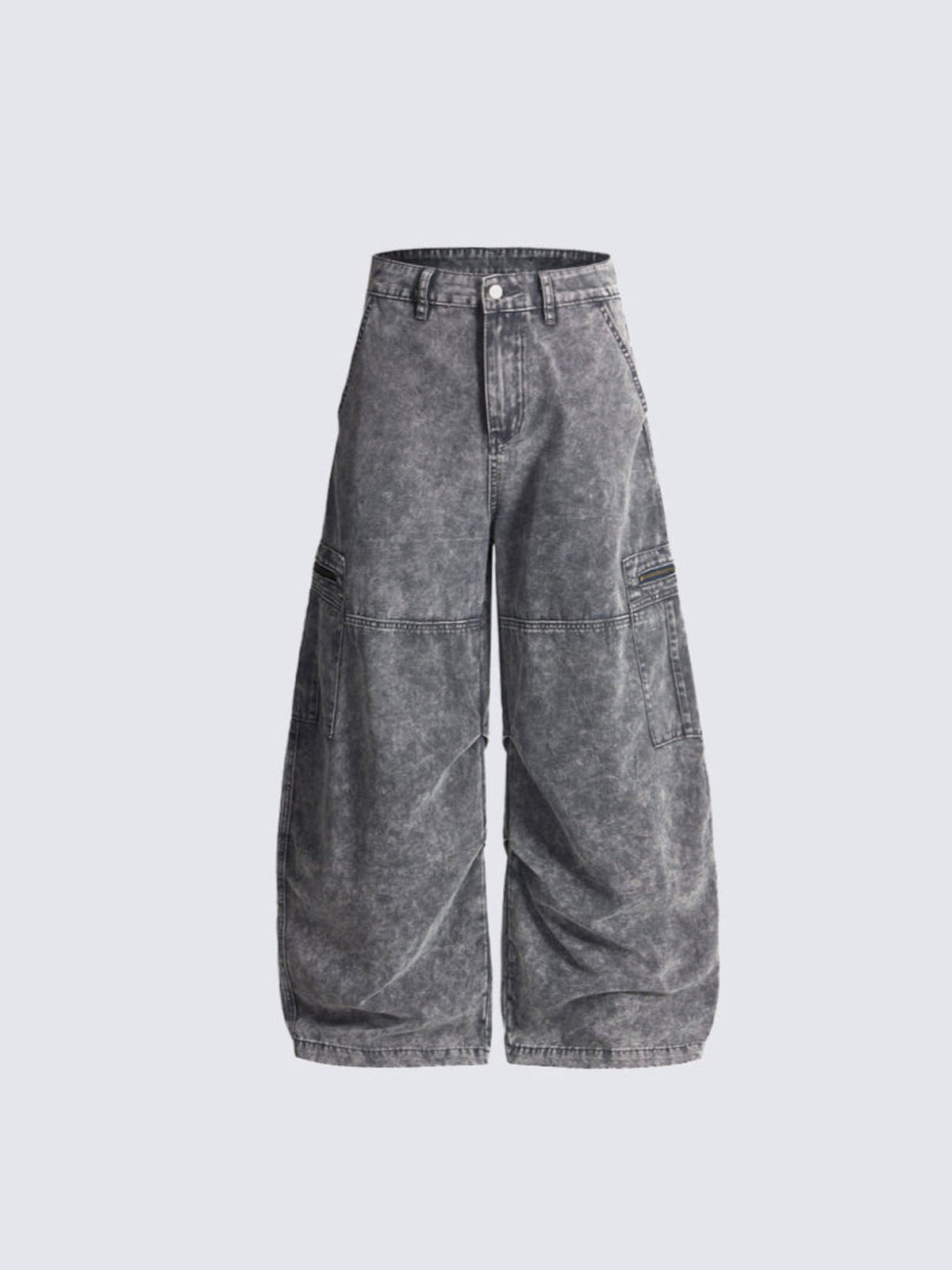 Acid Wash Barrel Leg Jeans mit Reißverschlusstasche – Grau, Vorderansicht | XoKool
