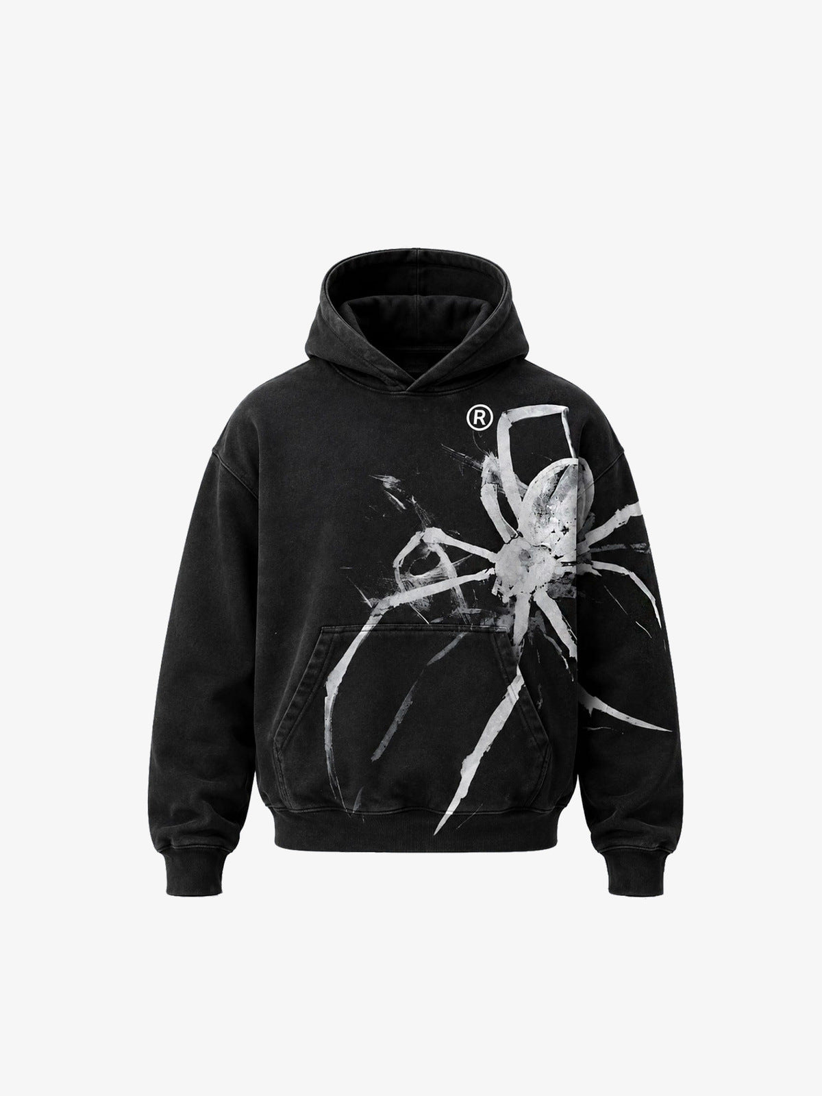 Hoodie negro acid wash con gráfico de araña pintada – vista frontal plana | XoKool
