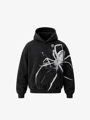 Acid Wash Black Hoodie with Painted Spider Graphic – front flat | XoKool