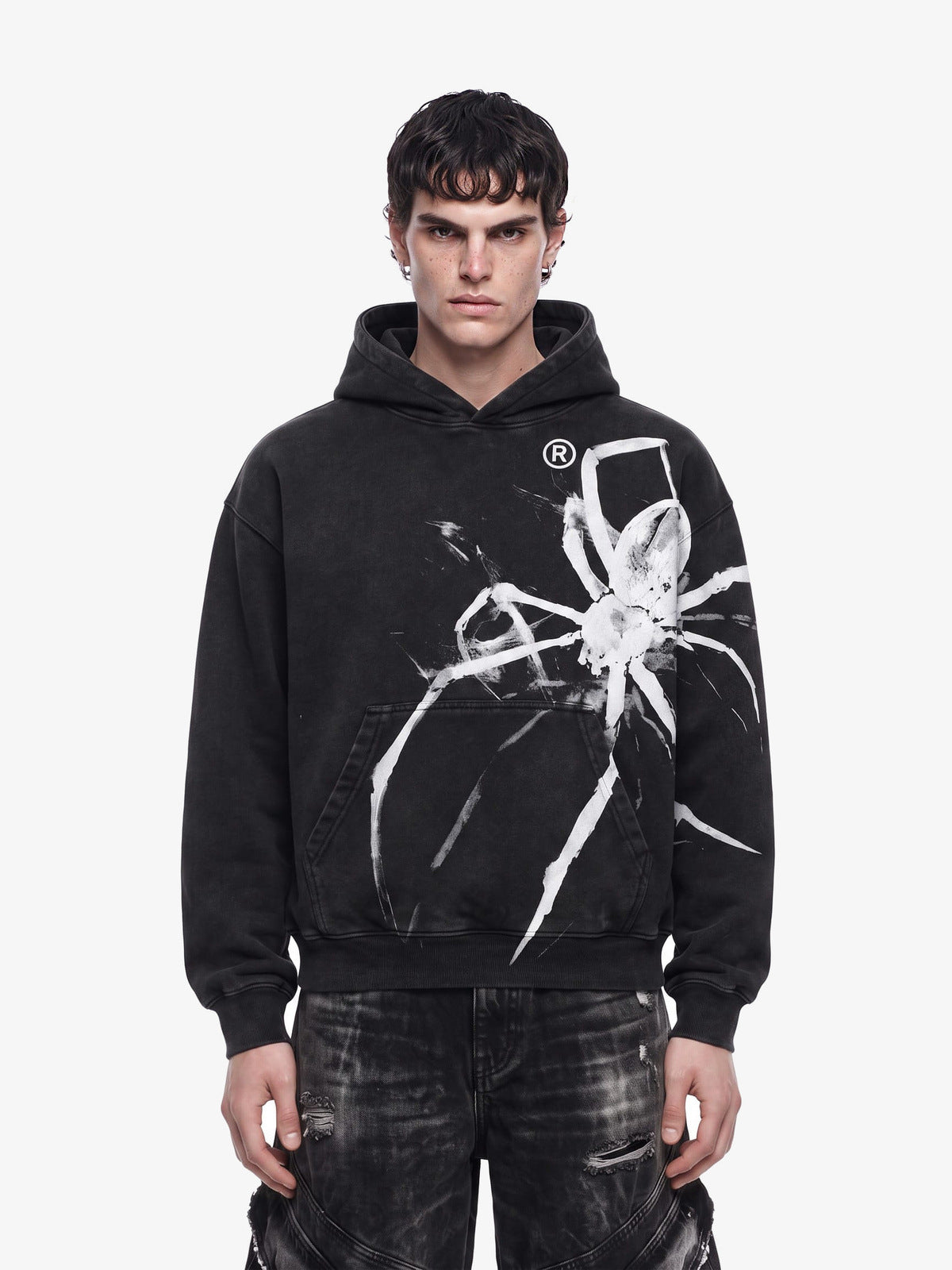 Acid Wash Black Hoodie with Painted Spider Graphic – on model, front | XoKool
