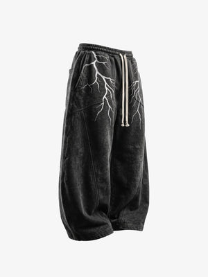 Acid Wash Black Lightning Print Sweatpants – Black, front angled | XoKool