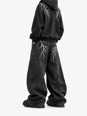 Acid Wash Black Lightning Print Sweatpants – On model, back | XoKool