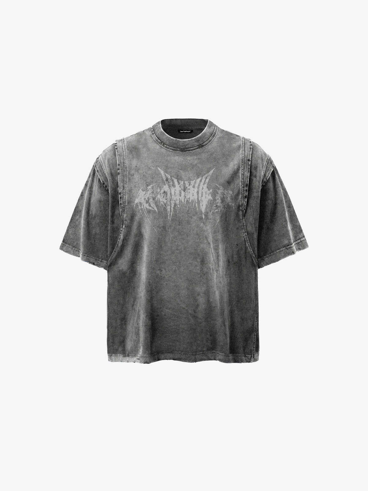 Acid Wash Boxy T-Shirt mit Metal-Schrift-Print – Grau, Vorderansicht | XoKool