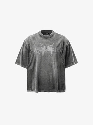 Camiseta boxy acid wash con estampado de letras metálicas – gris, vista frontal | XoKool