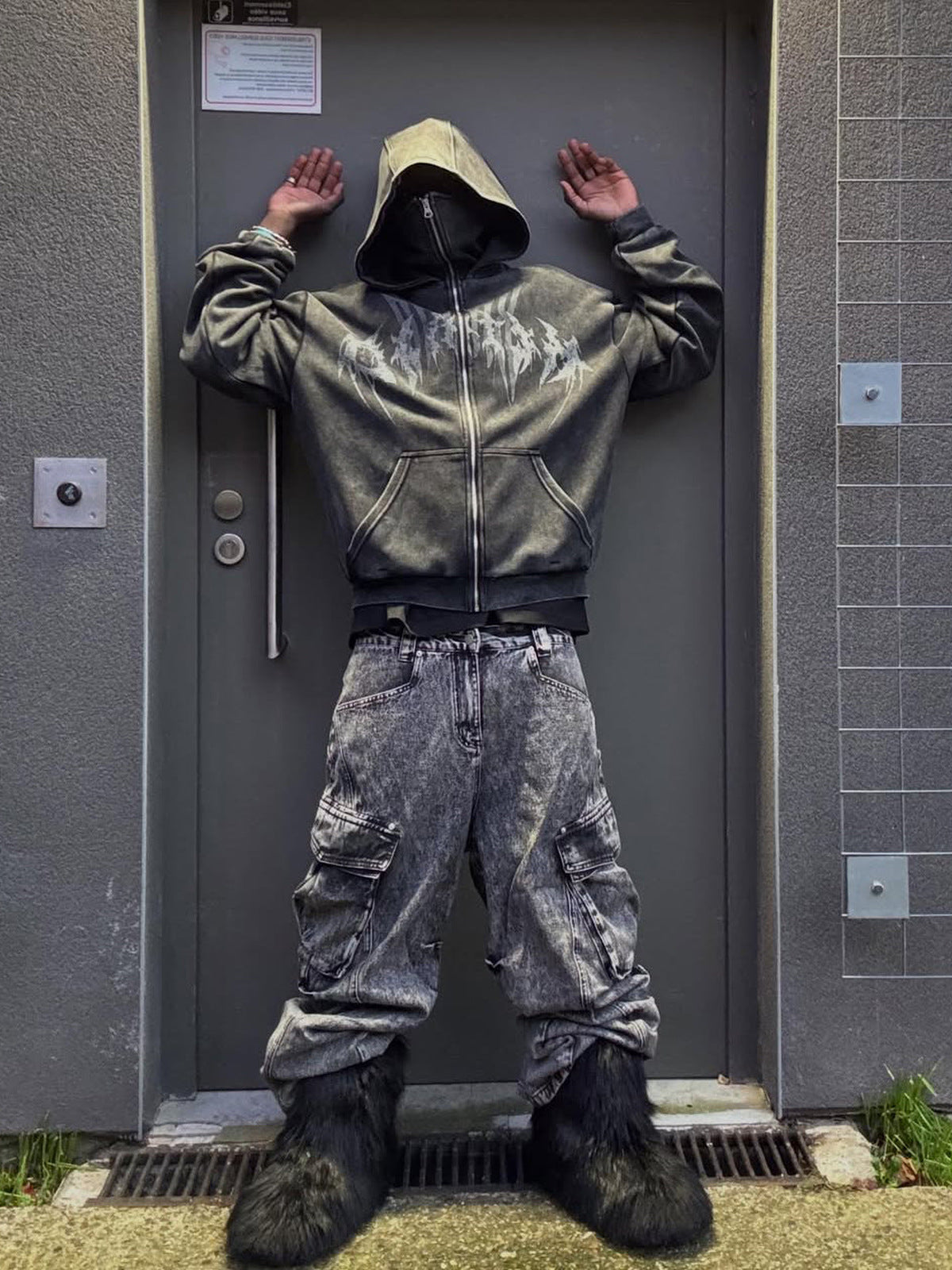 Acid Wash Full Zip Ski Mask Hoodie – on model, front, street | XoKool