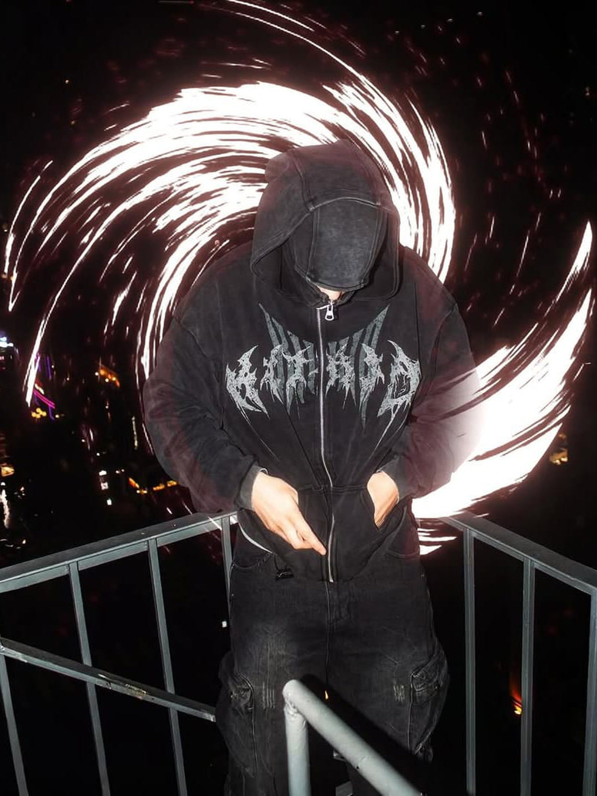 Ski mask hoodie – on model, night, edited effects | XoKool