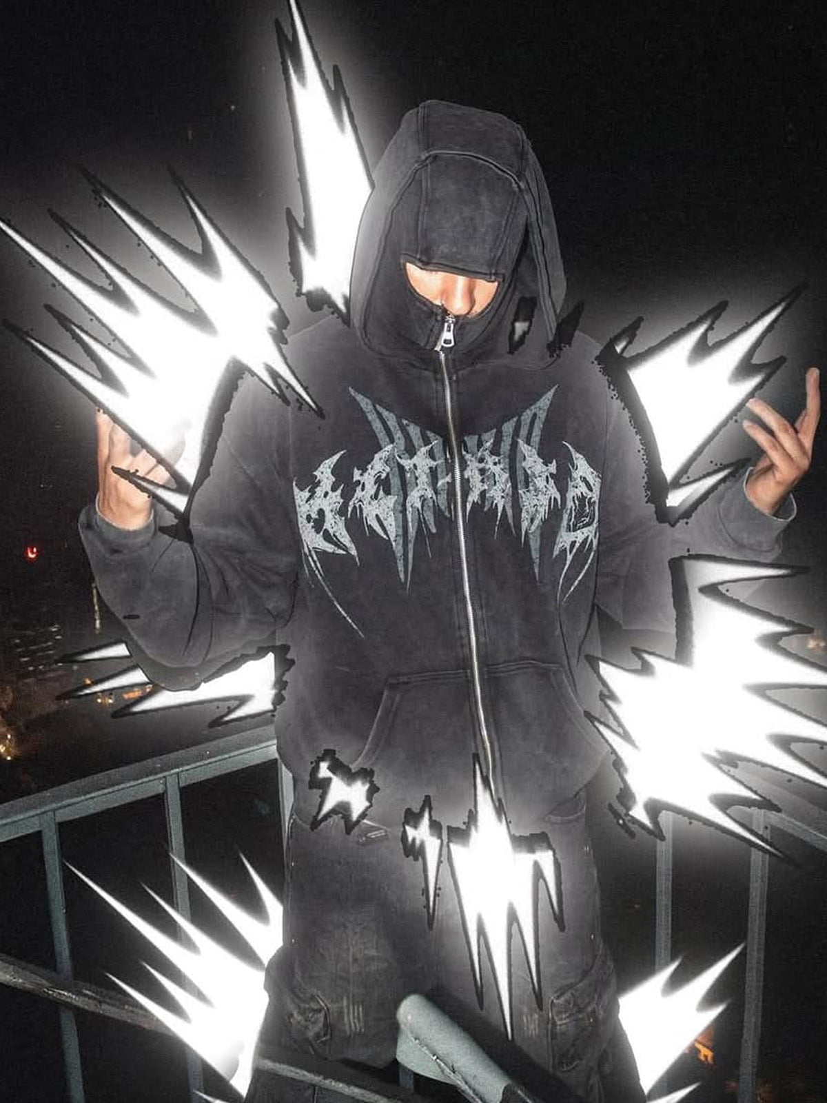 Ski mask hoodie – on model, night, edited effects | XoKool
