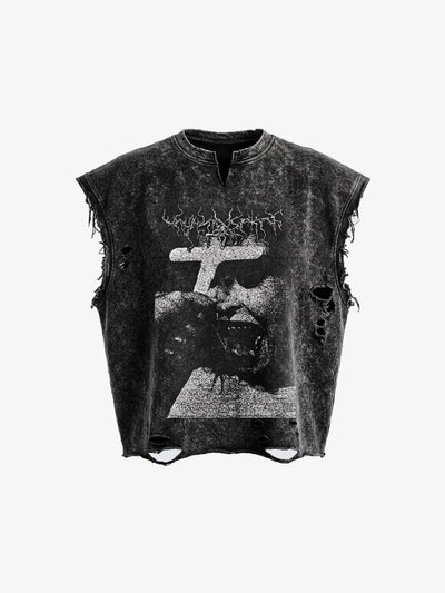 Camiseta estampada sin mangas con cruz gótica acid wash