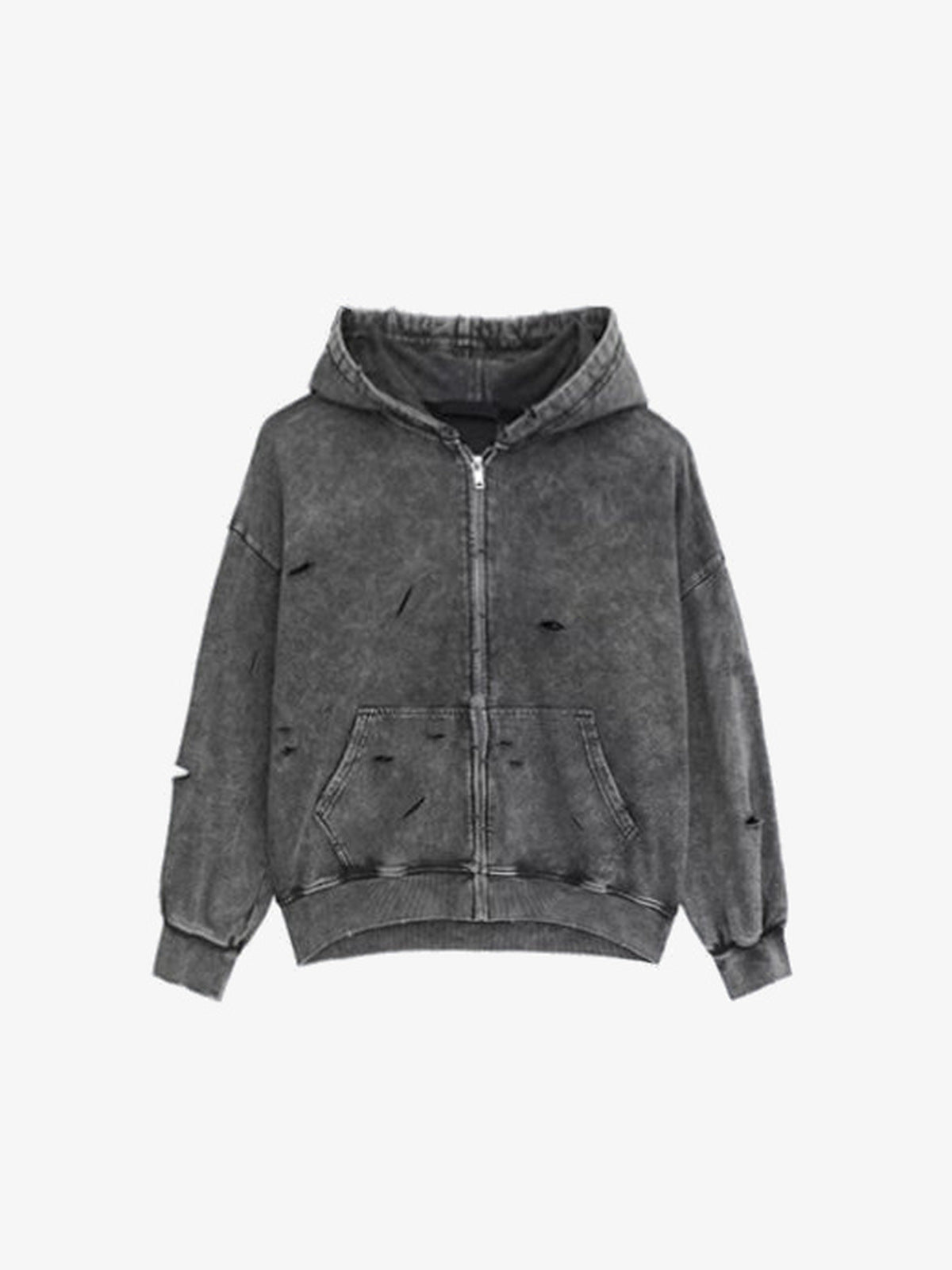 Acid Wash Grey Distressed Zip Up Hoodie – Grey, front view | XoKool