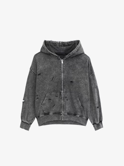 Acid Wash Grey Distressed Zip Up Hoodie