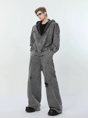 Acid Wash Grey Distressed Zip Up Hoodie – on model, front full body | XoKool